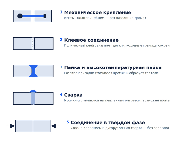 Основные семейства методов соединения (перерисовано из оригинала). Пайка и высокотемпературная пайка занимают середину ряда: металлический шов, но детали не плавятся.