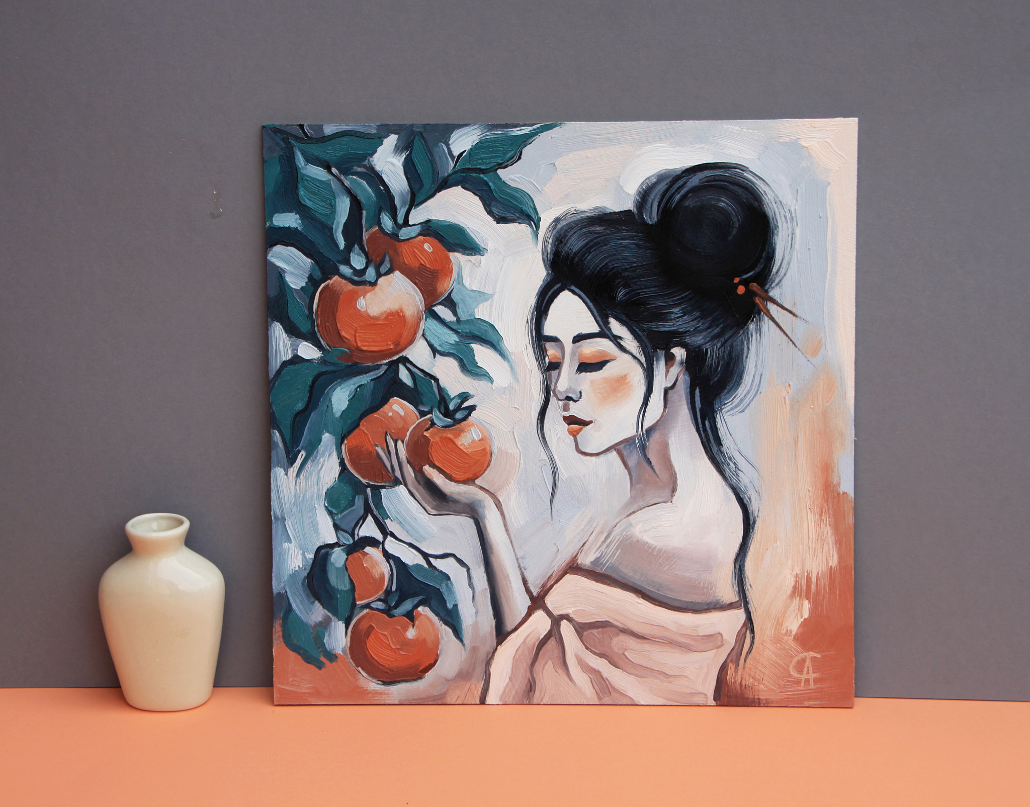 Oil painting Maturity and Silence - My, Art, Painting, Oil painting, Asian, Asians, Girls, Persimmon, Meditation, Painting, Art, Creation, With your own hands, Needlework, beauty, Calmness, Decor, Portrait, Longpost