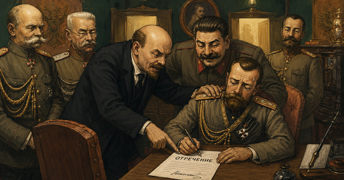 Ленин и Сталин заставляют Николая II подписать отречение от престола
