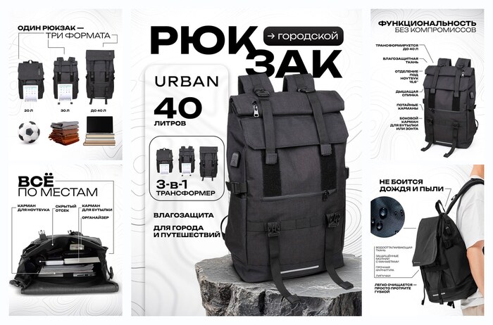 Рюкзак ″Urban″, городской, мужской, водоотталкивающий материал, 40л