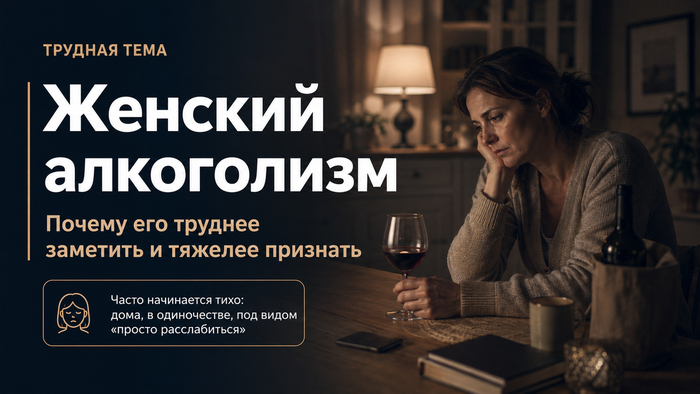 Женский алкоголизм часто развивается скрытно: внешне всё может выглядеть спокойно, но регулярное употребление дома и в одиночестве постепенно становится проблемой