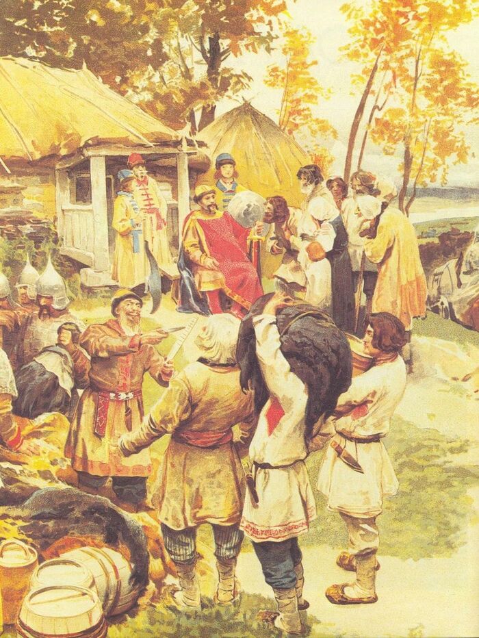 Князь Игорь собирает дань с древлян в 945 г. Картина К. В. Лебедева