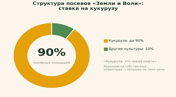 Инфографика: структура посевных площадей «Земли и Воли». Alt: «доля кукурузы в посевах агропредприятия Ilia Zavialov, 90%»