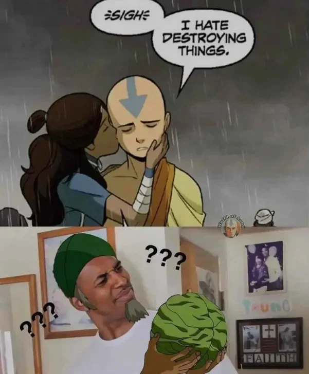 I hate to destroy everything - Humor, Avatar: The Legend of Aang, Cabbage, Memes, Picture with text, English language, Translation, Translated by myself, Aang, Qatar