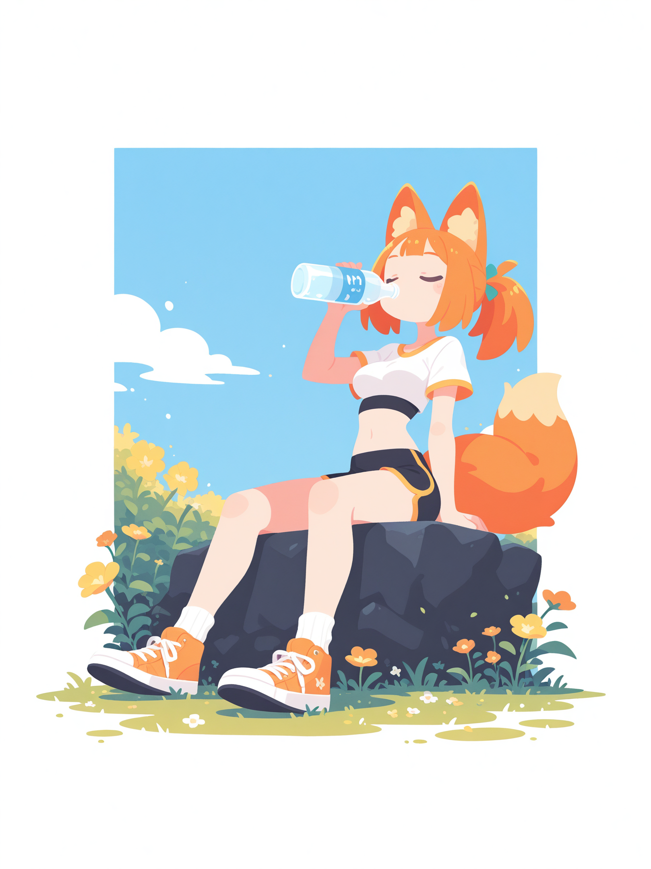 After jogging - My, Neural Network Content, Neural network art, Anime, Stable diffusion, Sdxl, Sport, Redheads, Neko, Tail, Ears, Anime art, Shorts, Topic