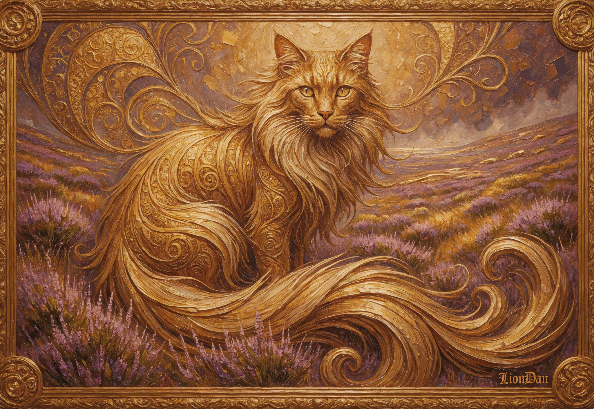 Continuation of the post Among the Heather Moorland - Series Oddities, My, Neural Network Content, Artificial Intelligence, Neural Networks, Neural network art, Art, Longpost, Reply to post, cat, Heather, Gold, Painting