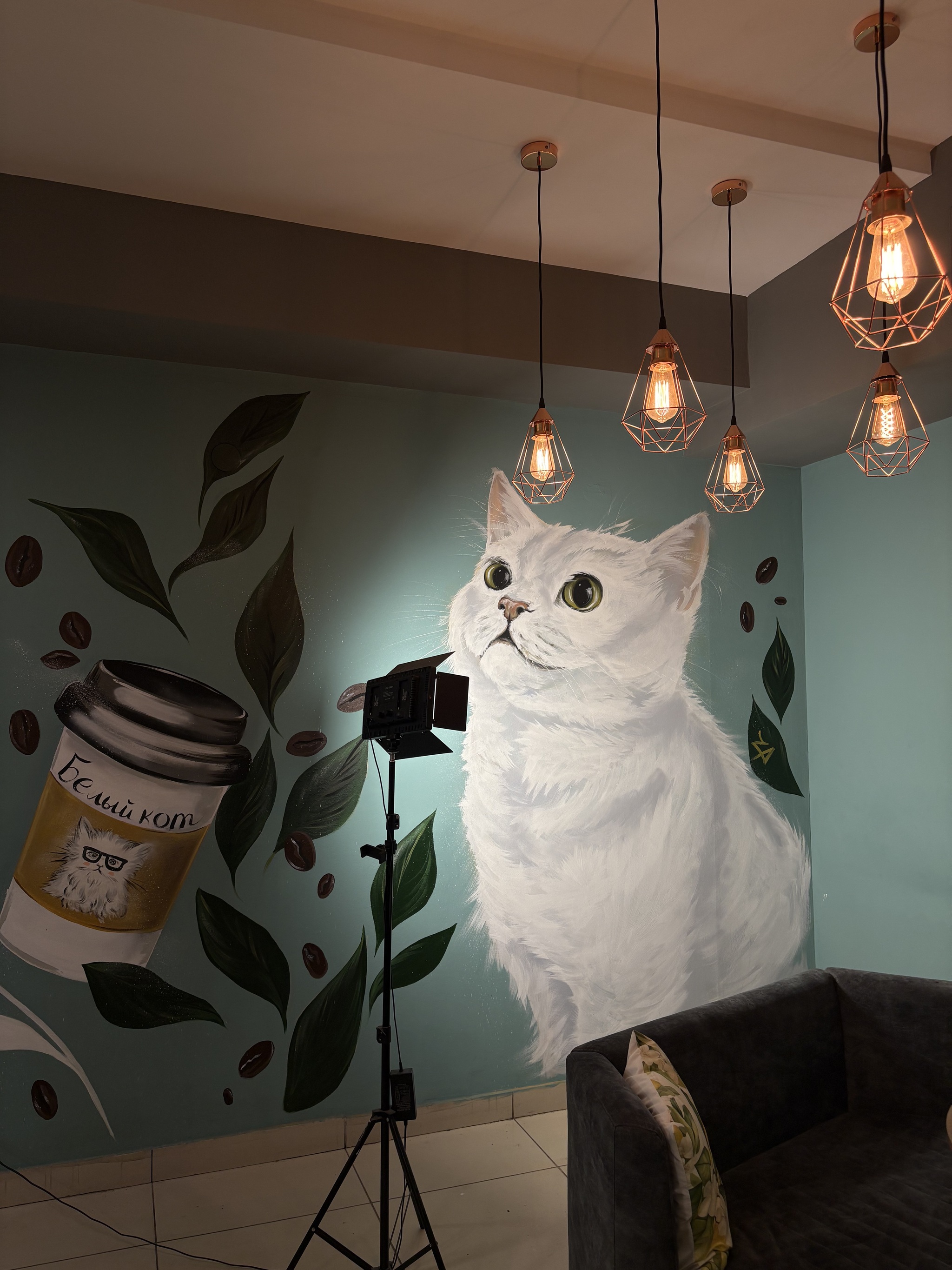 I drew on the walls in a coffee shop. - Beginner artist, Artist, Girl with tattoo, Painting, Longpost, cat