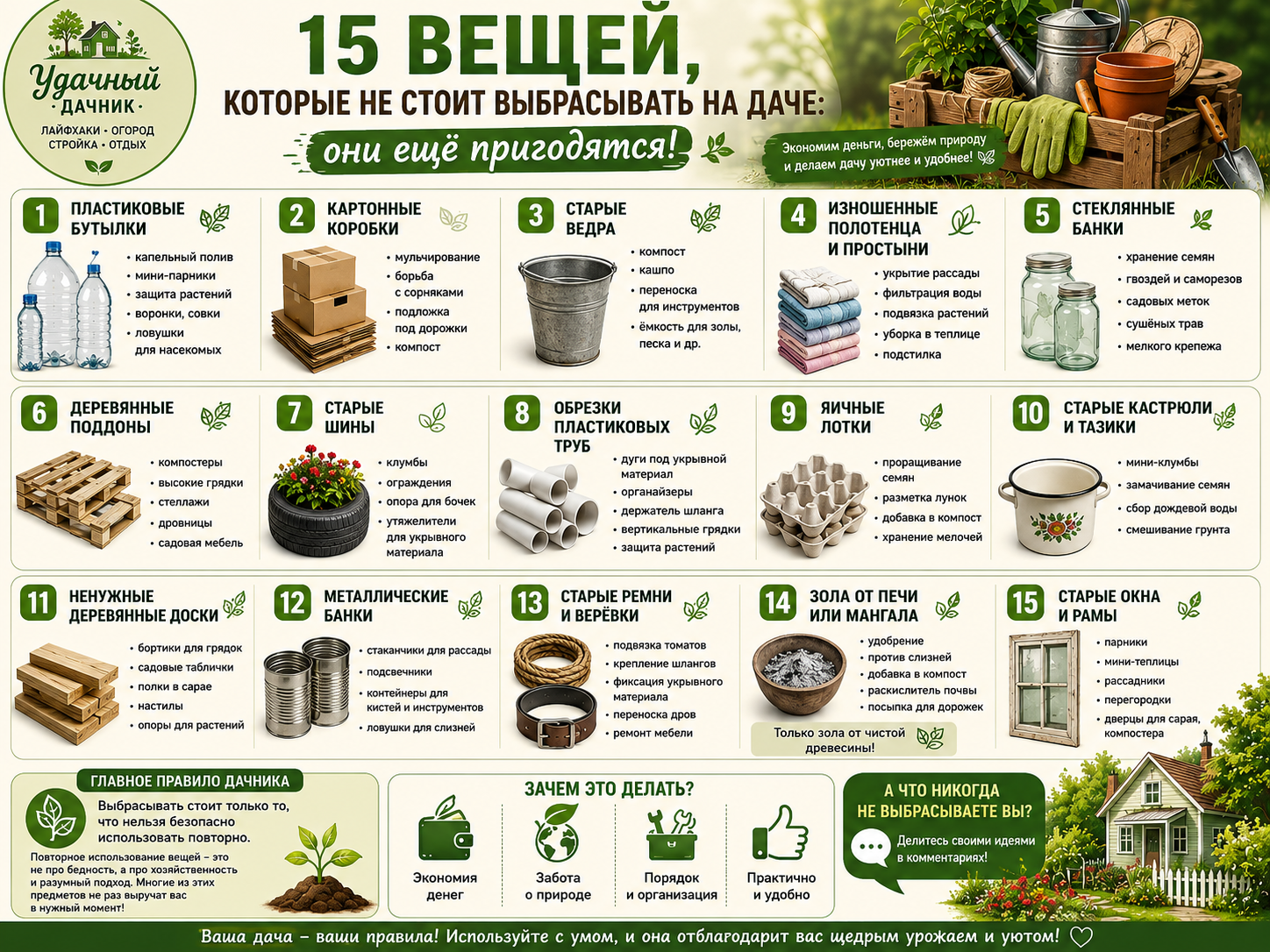 15 things I no longer throw away at my dacha - Series A successful summer resident, Picture with text, Dacha