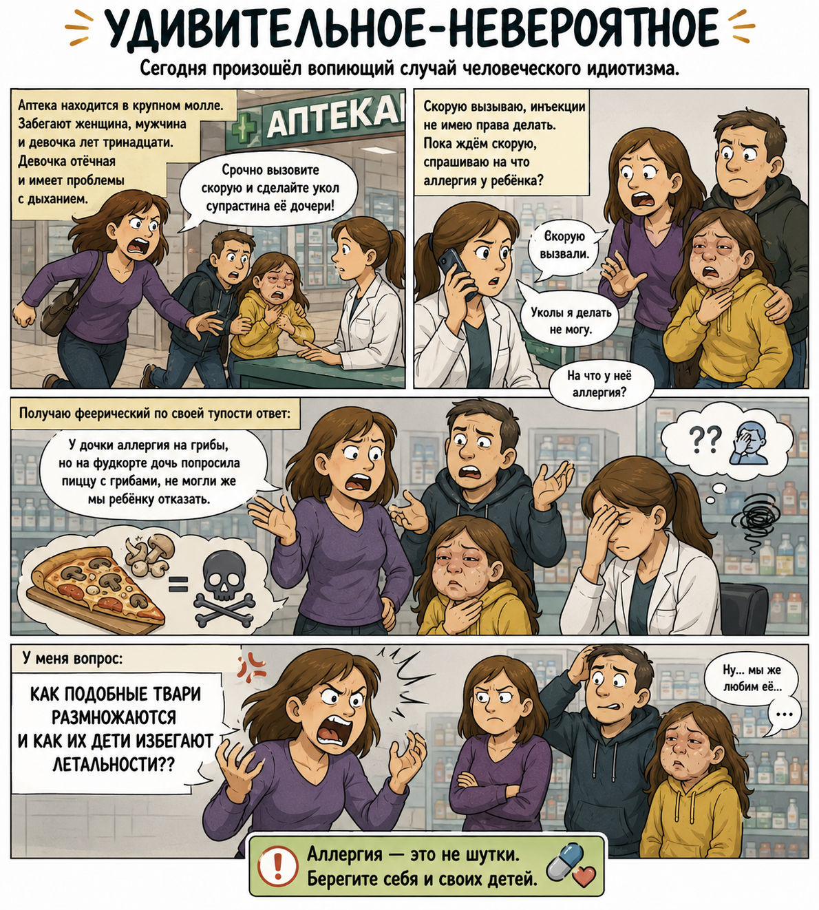 Response to the post Amazing and Incredible - Series Comics, Neural Network Content, Parents and children, Allergy, Help, Idiocy, Text, Negative, Picture with text, Reply to post