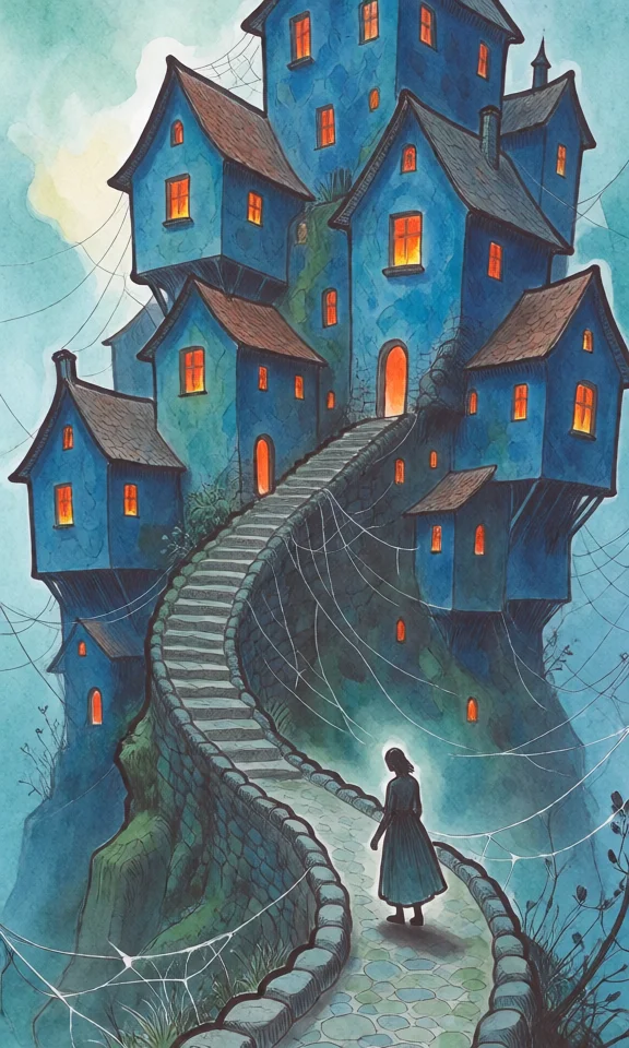 Old house - My, Neural Network Content, Landscape, House, Art, Dusk, Web, Road, Fantasy, Stylization, Dungeons & dragons