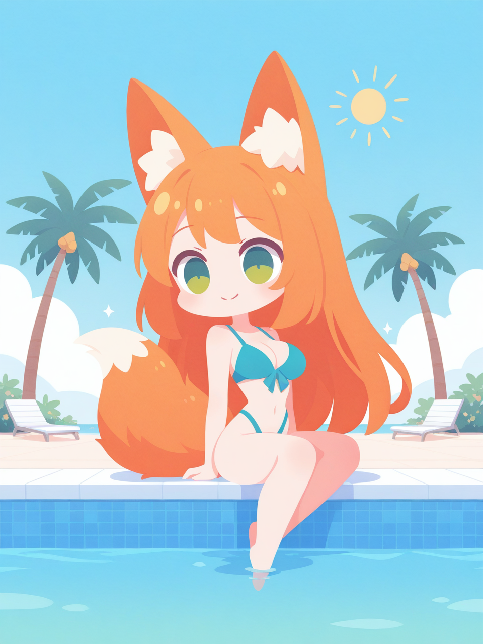 Summer vacation - My, Neural Network Content, Neural network art, Anime, Stable diffusion, Sdxl, Redheads, Swimsuit, Chibi, Animal ears, Tail, Neko, Green eyes, Swimming pool, Palm trees, Summer
