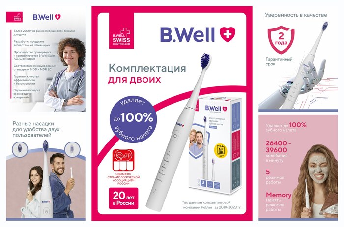 Электрическая зубная щетка B.Well PRO-850 звуковая белая, 5 режимов, 60 дней без подзарядки