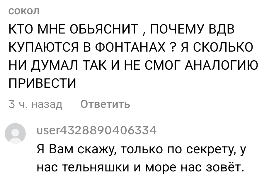 Explain to me... - Screenshot, Comments, Airborne forces, Day of the Airborne Forces, Question, Fountain, Bathing, Strange humor