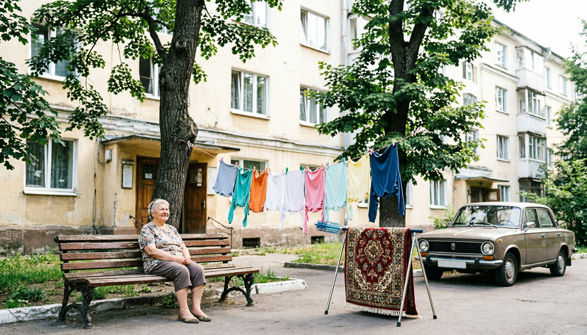 Six neural networks were asked to draw a yard with a foreign car based on a description—four of them came up with a Zhiguli. - My, Neural Networks, Generating Images, Flux, Artificial Intelligence, Experiment, Courtyard, Five-story building, Longpost