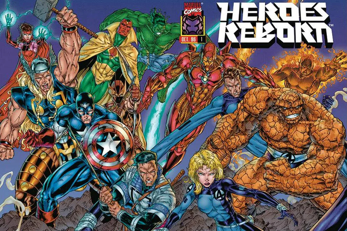 Легендарная обложка-разворот к запуску события Heroes Reborn, октябрь 1996 года. Художники: Джим Ли и Скотт Уильямс. Фото: Marvel Comics Archive