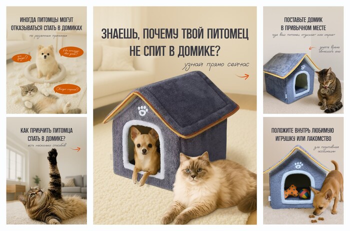 Домик для кошки кошек кошачий дом домик для маленькой собаки для шпица, сфинкса, серый с подушкой лежанкой мягкий теплый