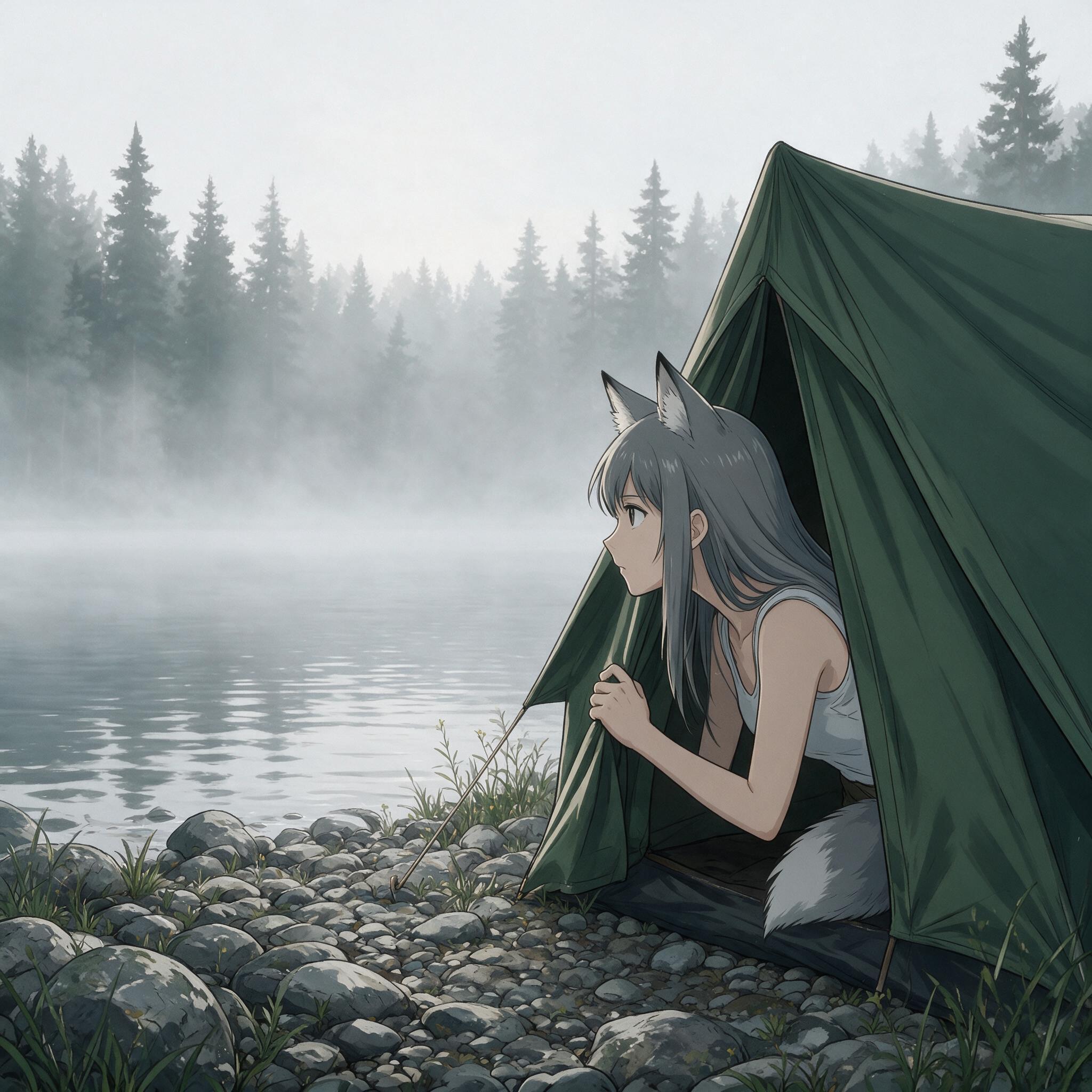 Helga and the Big Water - Anime art, Longpost, My, Art, Anime, Girls, Autumn, Hike, Animal ears, Tail, Kitsune, The mountains, Flood, Original character, Neural network art, River, Ginger & White, Neural Network Content, Series Ginger and Winter