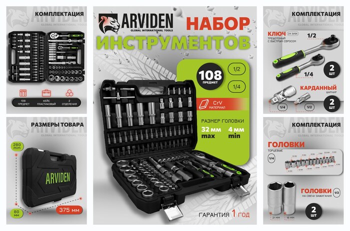 ����� ������������� ������������ ARVIDEN 108 ���������, 1/2″, 1/4″, AD-108