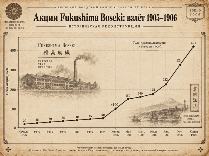 Динамика акций Fukushima Boseki в 1905–1906 годах. Реконструкция на основе исторических данных о котировках.