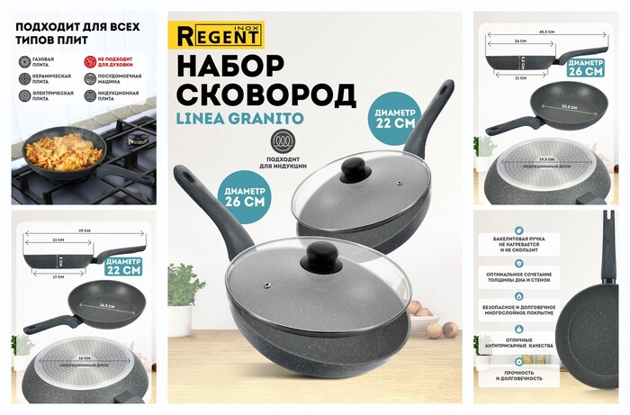 Набор сковородок для индукционной плиты с крышками 22 см, 26 см, антипригарная, Linea GRANITO, Regent inox