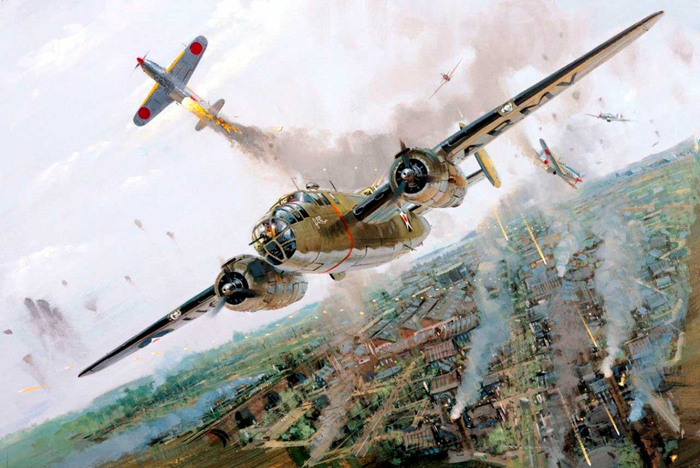 B-25. Эпизод воздушного боя над Токио во время рейда Дулиттла. Современная графика.