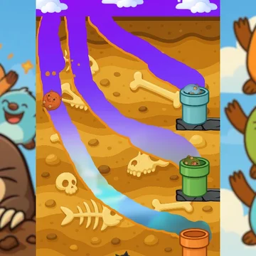 Направьте шарообразных кротов к правильным трубам, прокладывая дорожки! Веселая и умная физическая головоломка для всех возрастов.