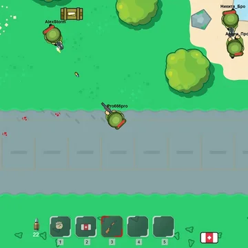 Онлайн 2D-шутер с видом сверху. Сражайся в захватывающих матчах, находи оружие, побеждай врагов и стань последним выжившим!