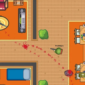 Онлайн 2D-шутер с видом сверху. Сражайся в захватывающих матчах, находи оружие, побеждай врагов и стань последним выжившим!